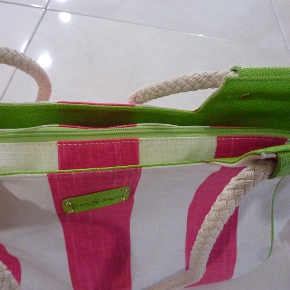 Lilly Pulitzer Striped Large Canvas Tote Bag PINK White GREEN  2 Piece 15 X 12'' - Picture 12 of 14